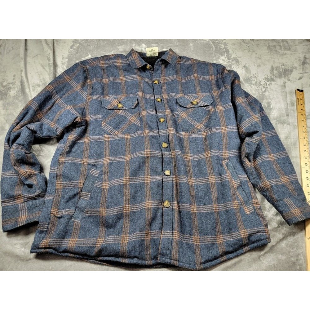 Visive Mens Plaid cotton Flannel, sherpa lined, 2XL, Blue Brown Shacket, pockets
